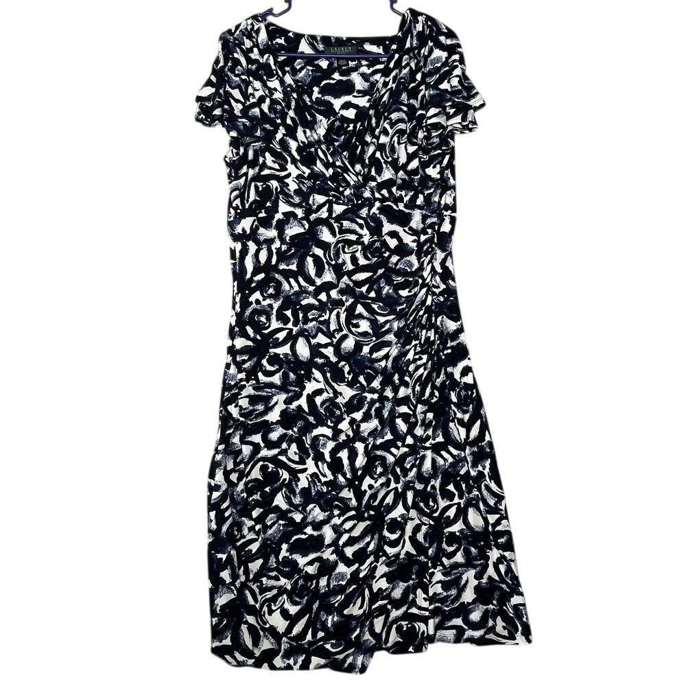 Lauren Ralph Lauren Dress Stretch Faux Wrap Flutter Sleeve Midi Career Heritage
